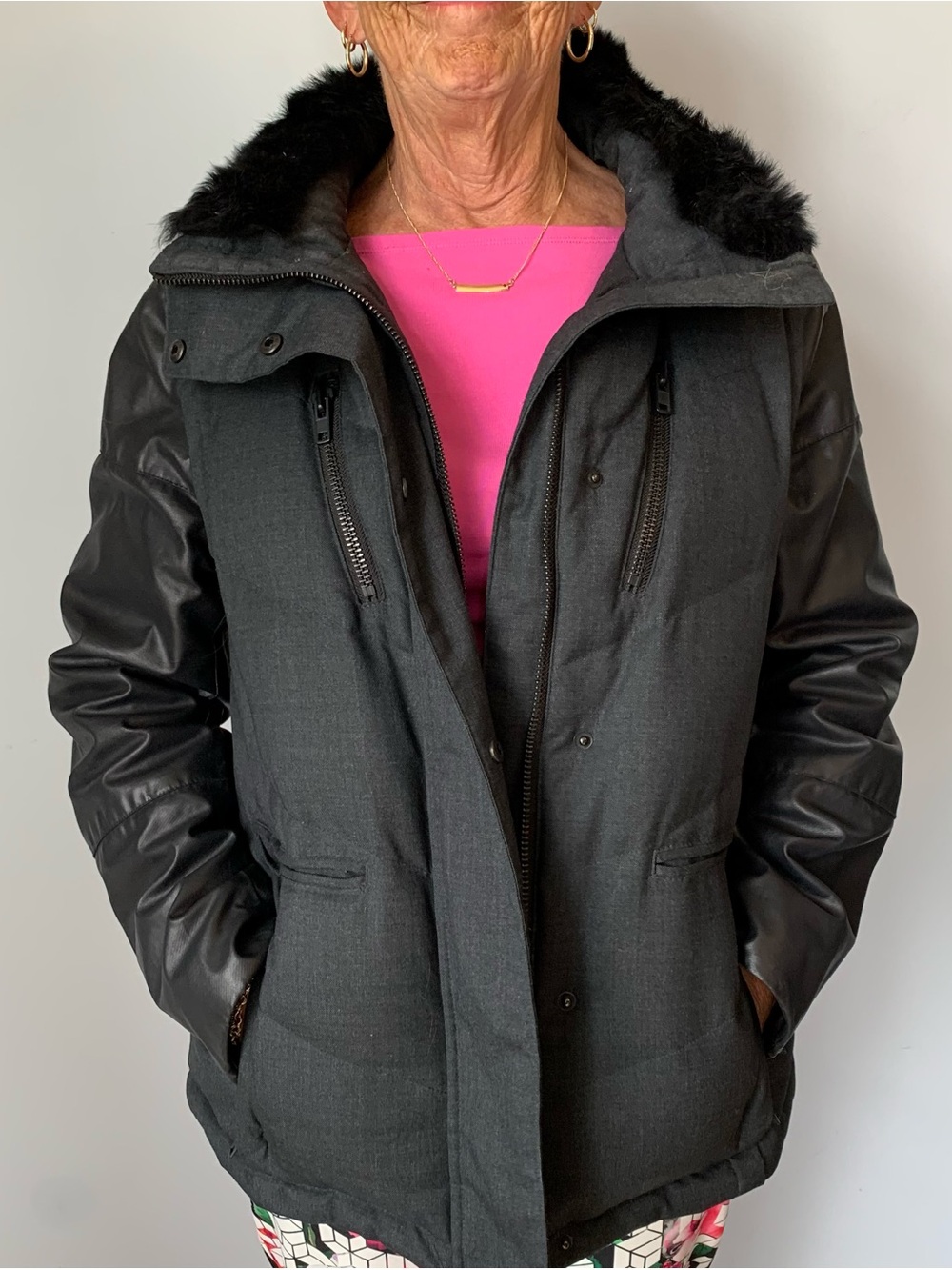 KOOPLES DOWN JACKET VEST GILET DETACH SLEEVES FUR COLLAR DK GREY BLACK STOW HOOD